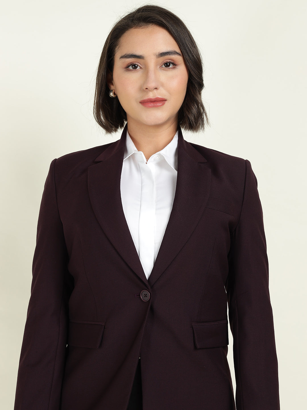 Hancock Women Burgundy Solid Single Breasted Formal Blazer