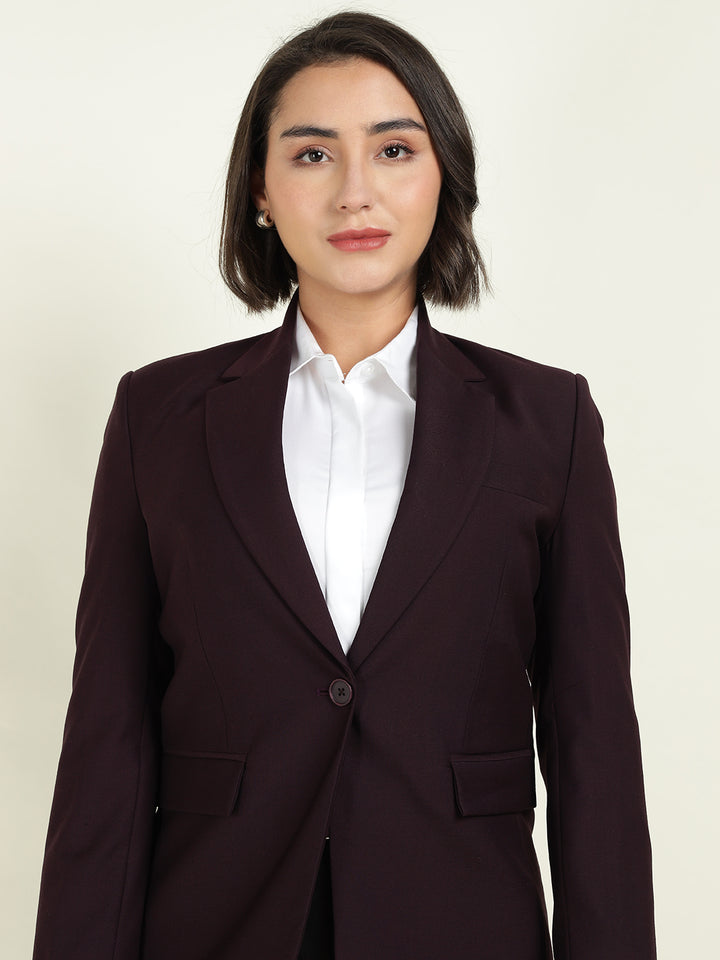Hancock Women Burgundy Solid Single Breasted Formal Blazer