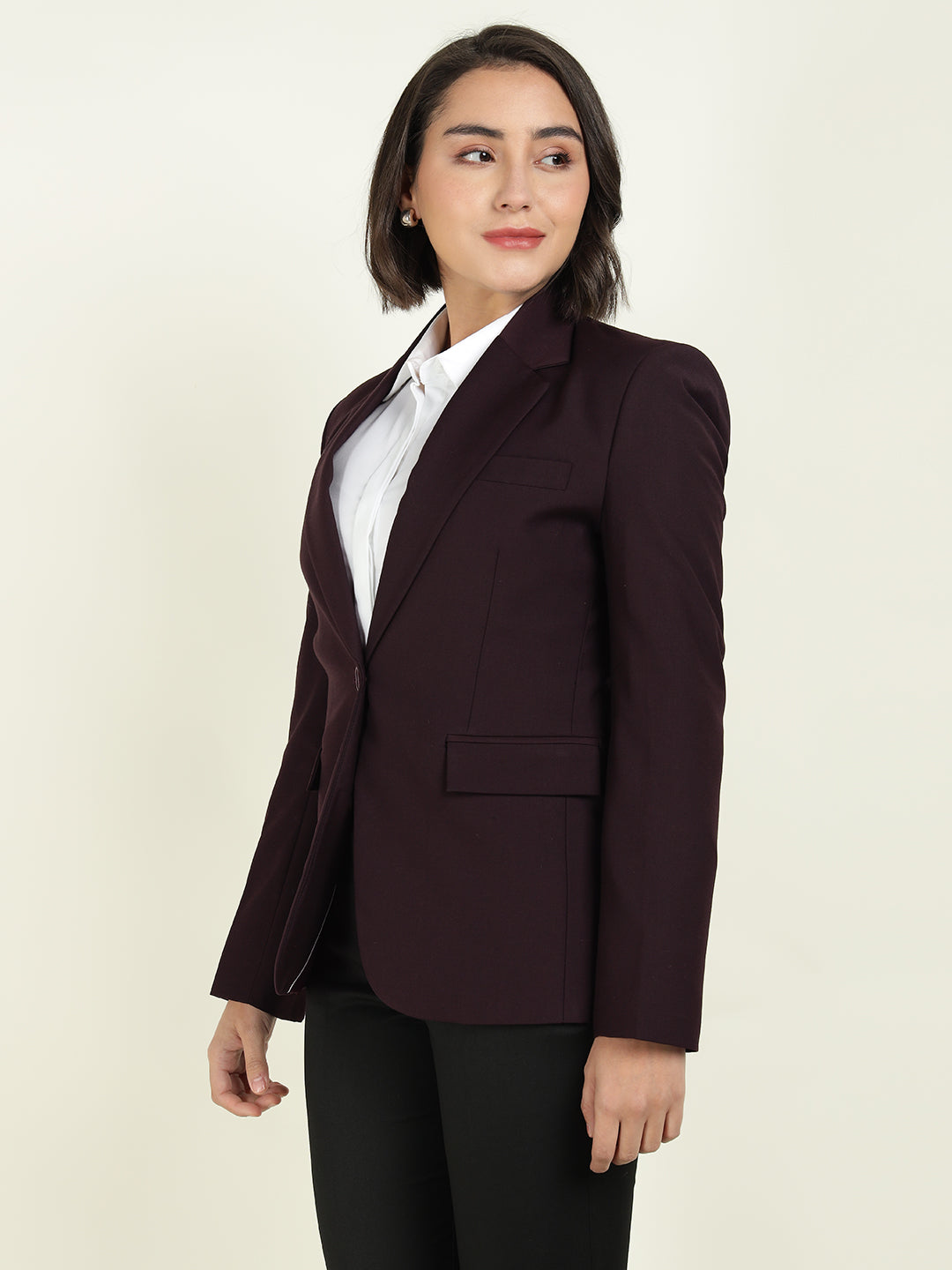 Hancock Women Burgundy Solid Single Breasted Formal Blazer
