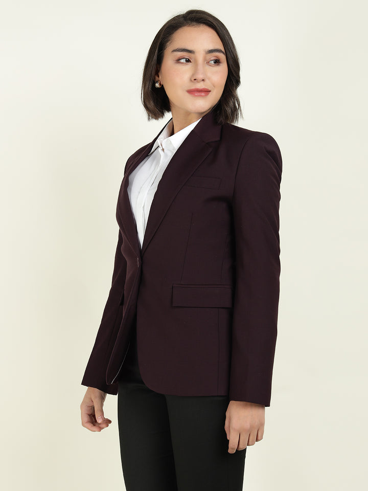 Hancock Women Burgundy Solid Single Breasted Formal Blazer