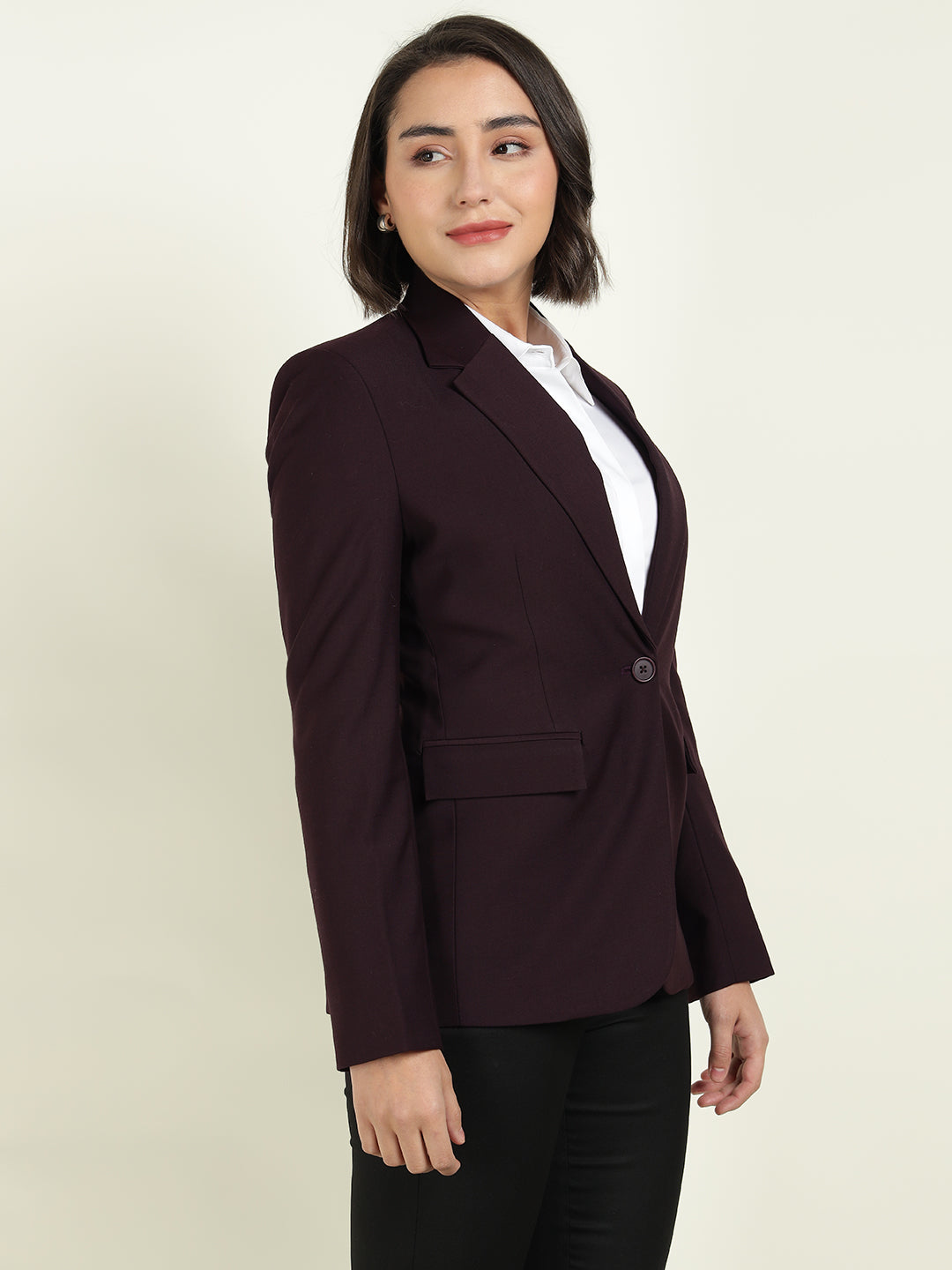 Hancock Women Burgundy Solid Single Breasted Formal Blazer