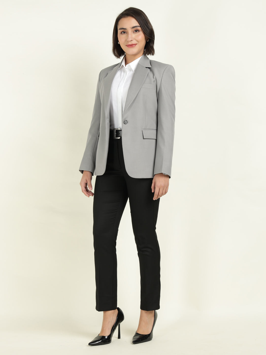 Hancock Women Grey Solid Single Breasted Formal Blazer