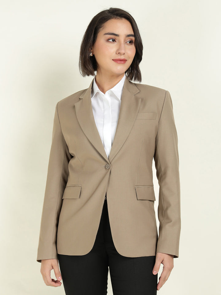 Hancock Women Khaki Solid Single Breasted Formal Blazer