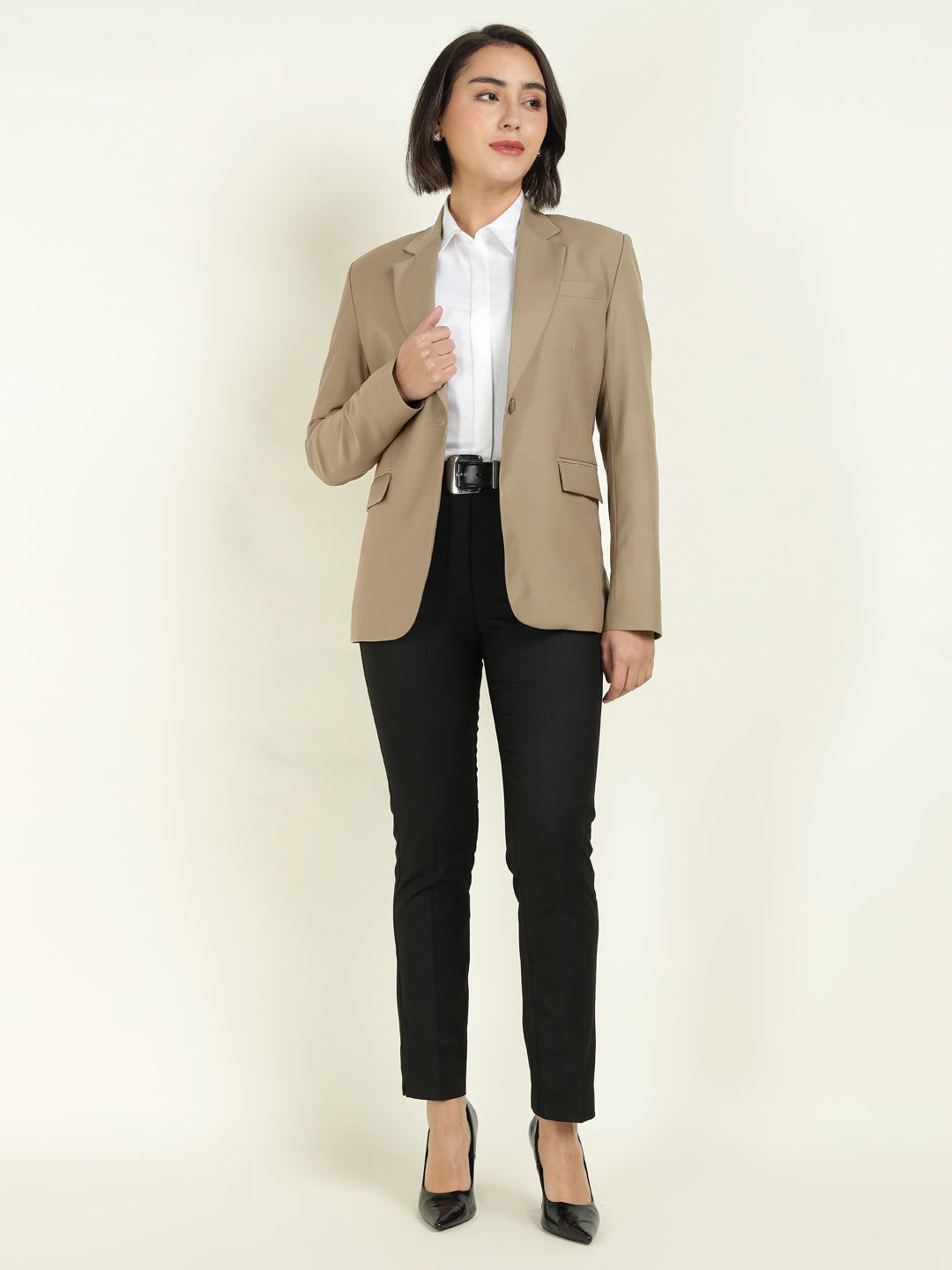Hancock Women Khaki Solid Single Breasted Formal Blazer