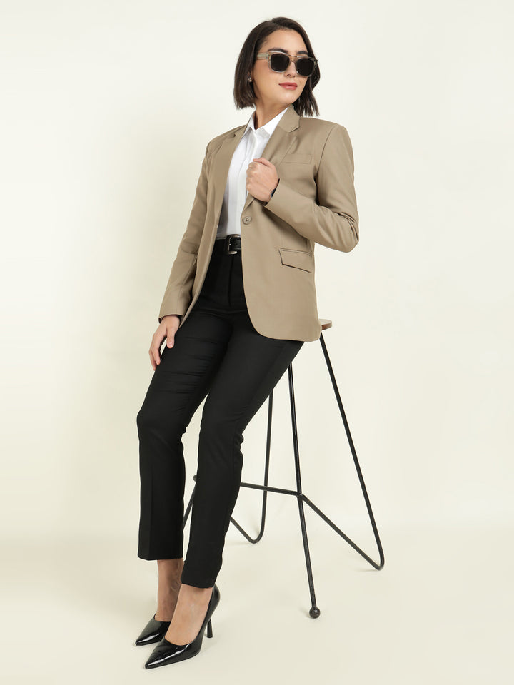 Hancock Women Khaki Solid Single Breasted Formal Blazer