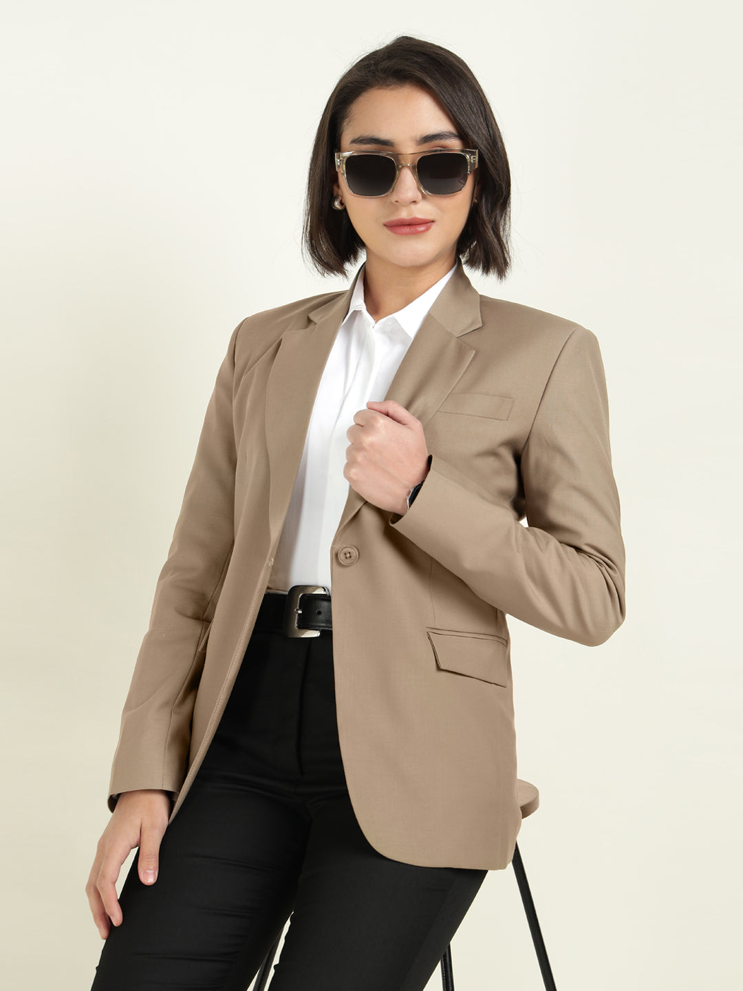 Hancock Women Khaki Solid Single Breasted Formal Blazer