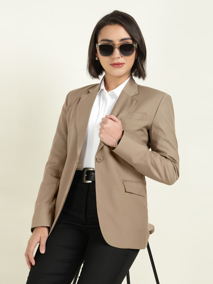 Hancock Women Khaki Solid Single Breasted Formal Blazer