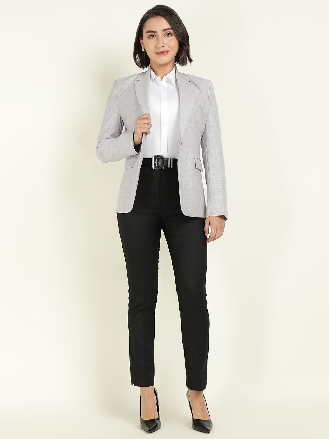 Hancock Women Light Grey Solid Single Breasted Formal Blazer
