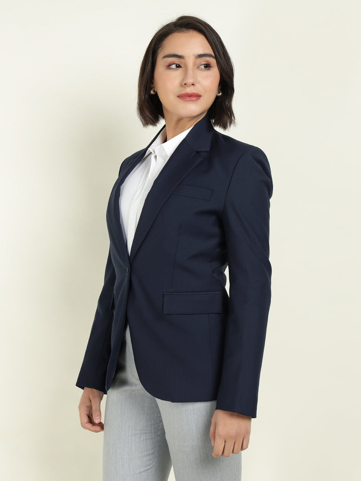 Hancock Women Navy Blue Solid Single Breasted Formal Blazer