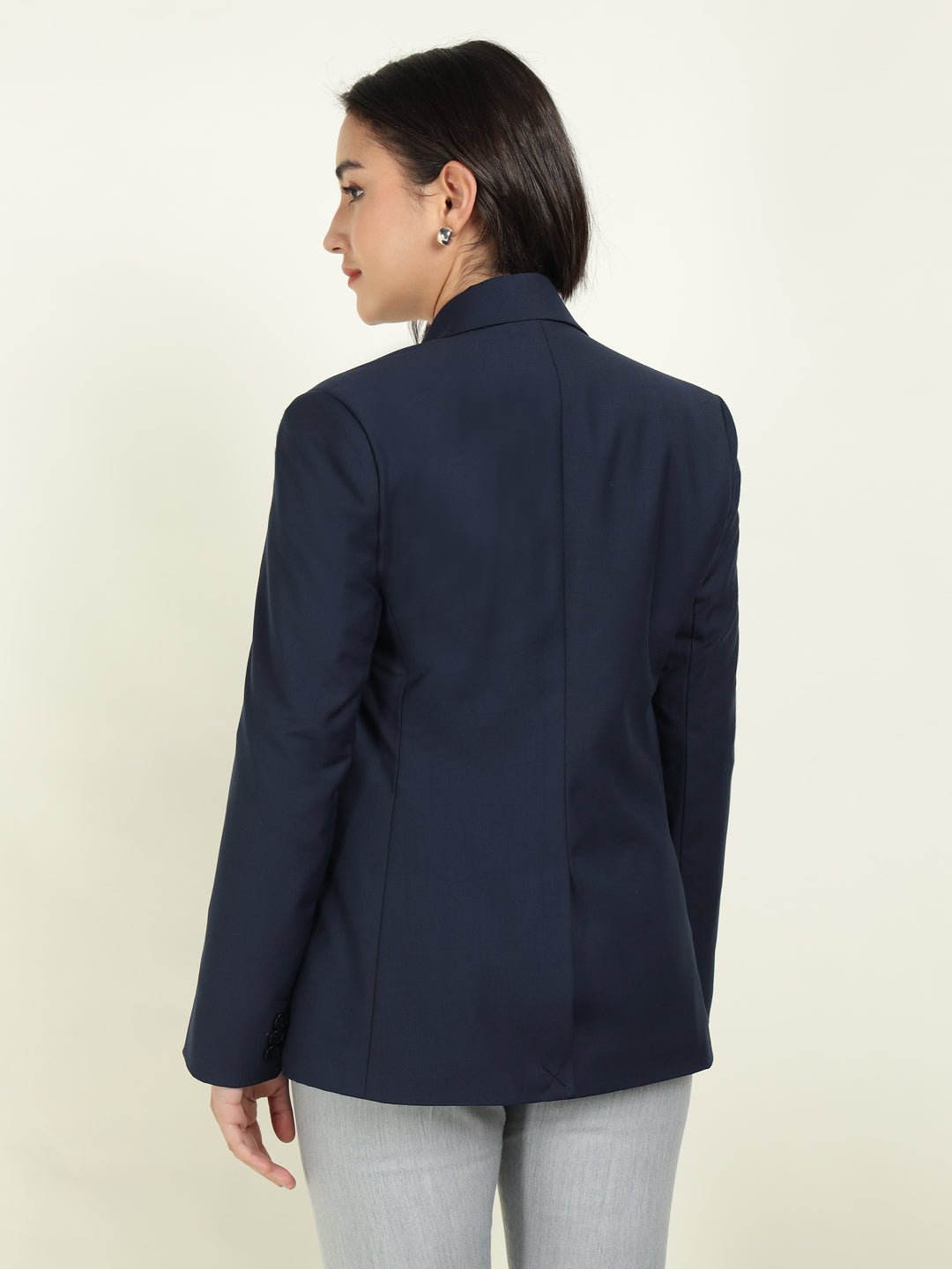 Hancock Women Navy Blue Solid Single Breasted Formal Blazer