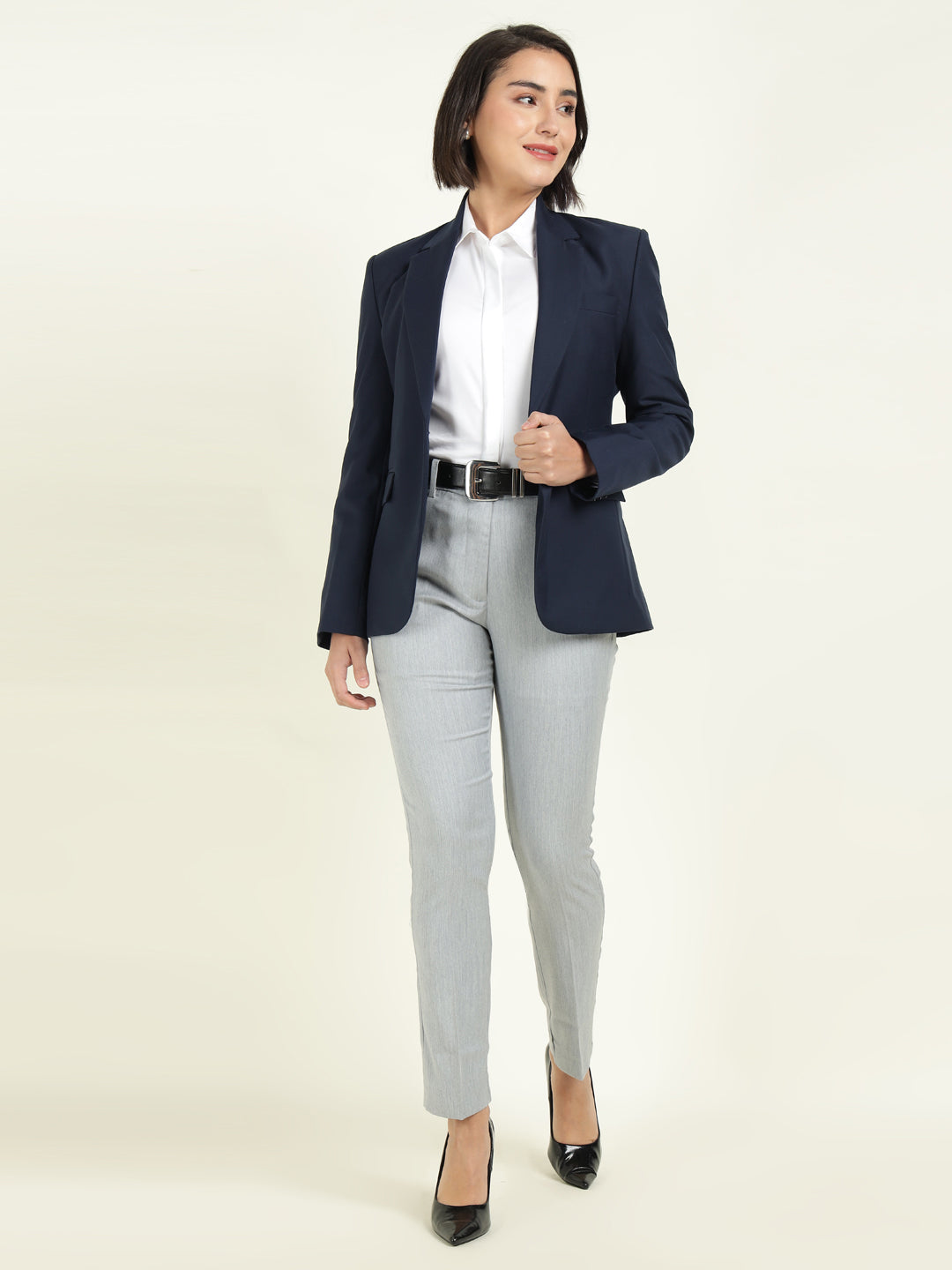 Hancock Women Navy Blue Solid Single Breasted Formal Blazer