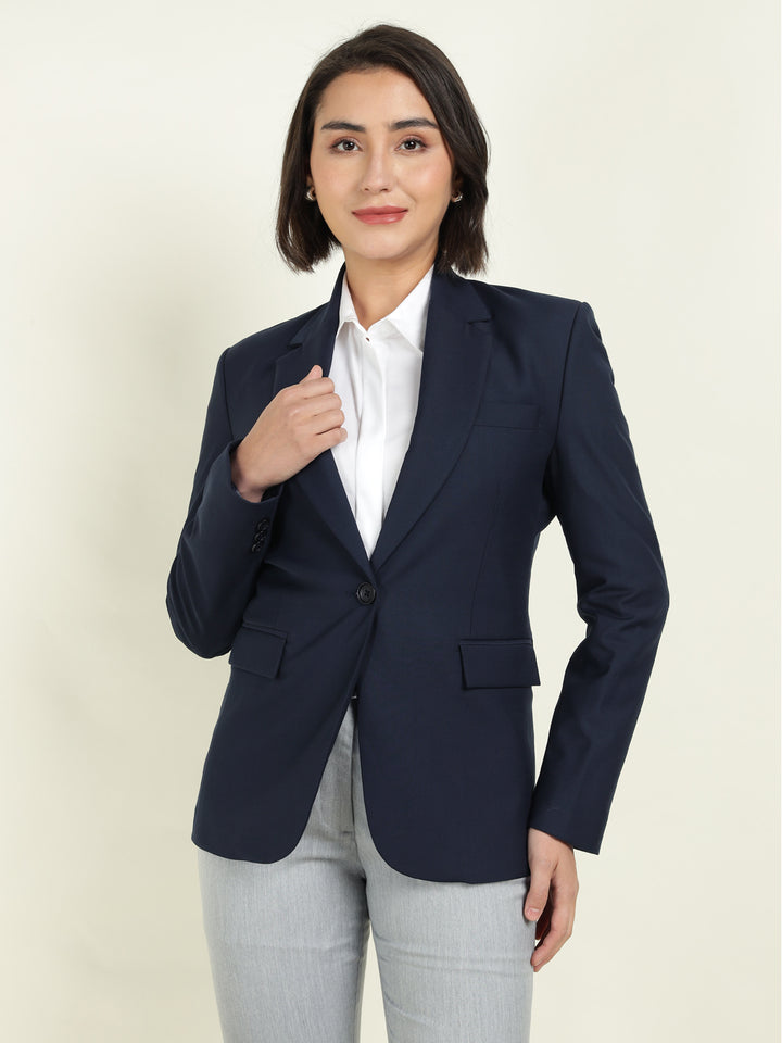 Hancock Women Navy Blue Solid Single Breasted Formal Blazer