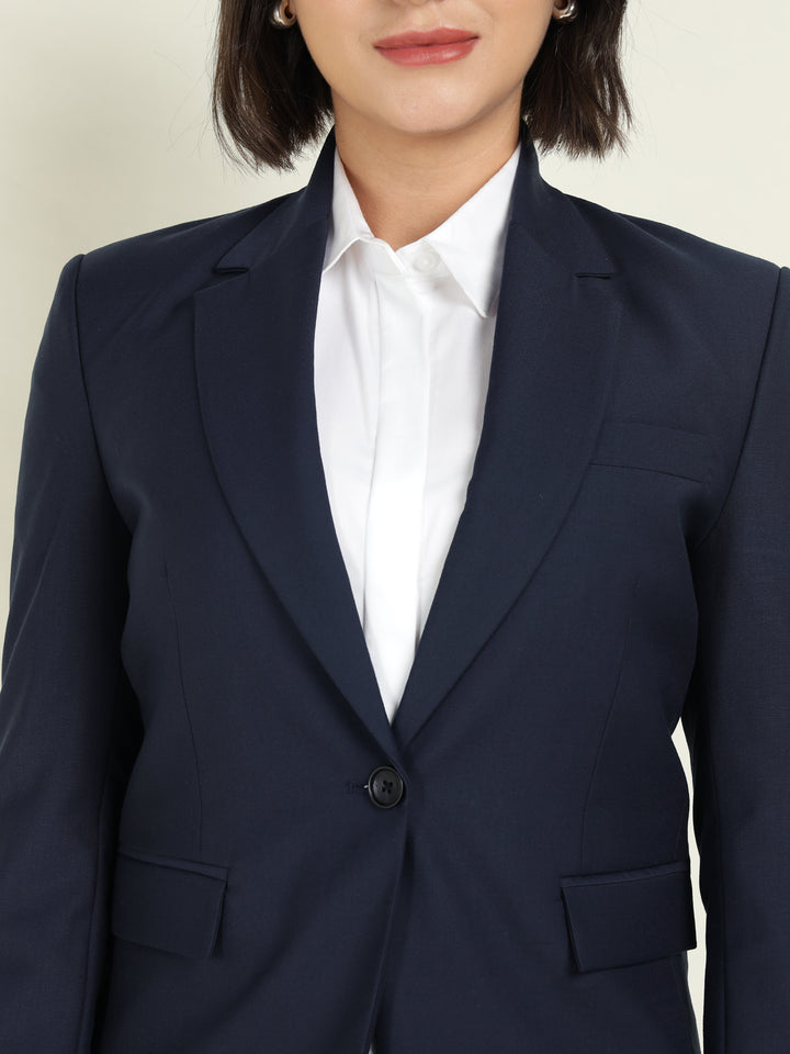 Hancock Women Navy Blue Solid Single Breasted Formal Blazer