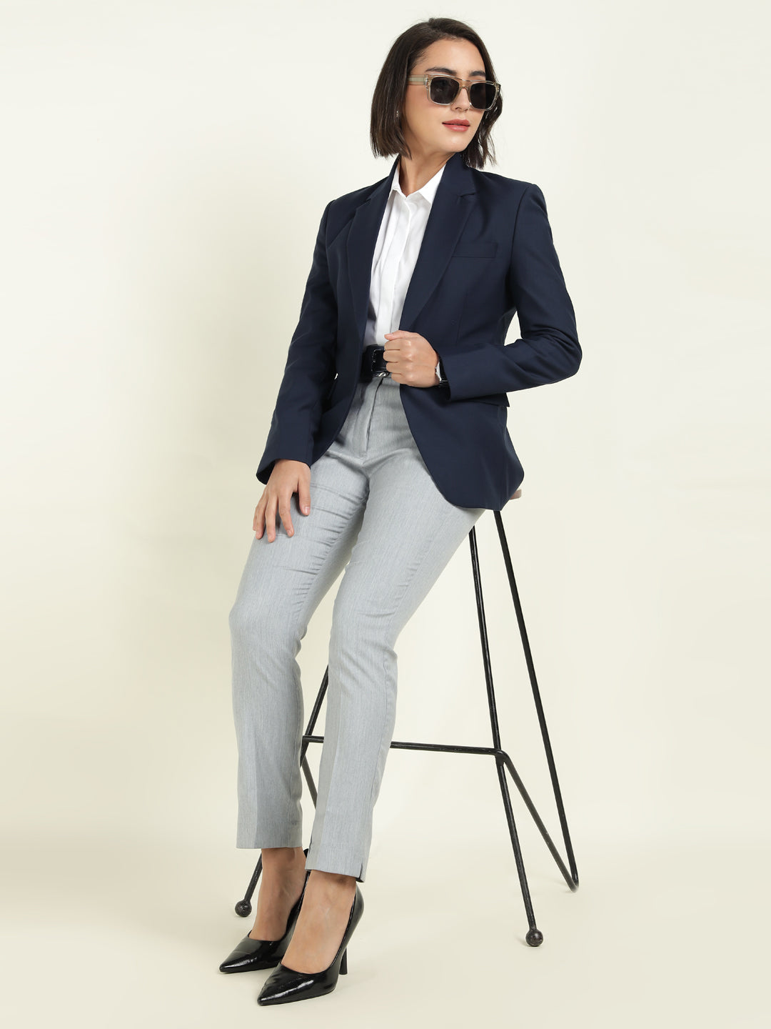 Hancock Women Navy Blue Solid Single Breasted Formal Blazer
