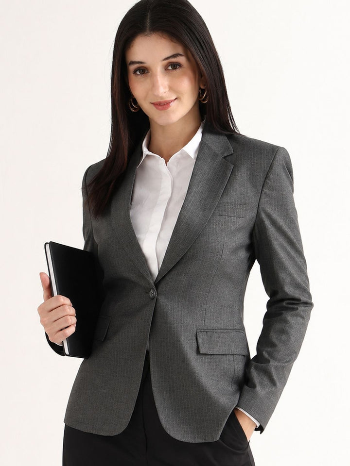 Hancock   Women   Melange Grey   Stripes   Polyviscose   Slim Fit   Formal   Blazer