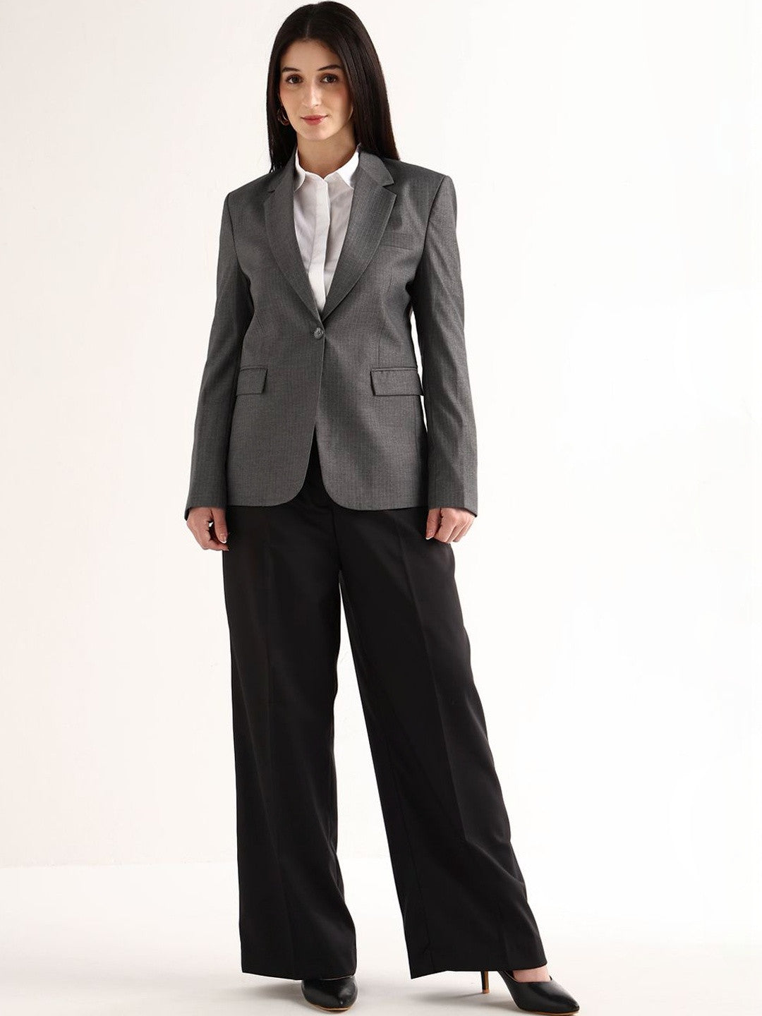 Hancock   Women   Melange Grey   Stripes   Polyviscose   Slim Fit   Formal   Blazer