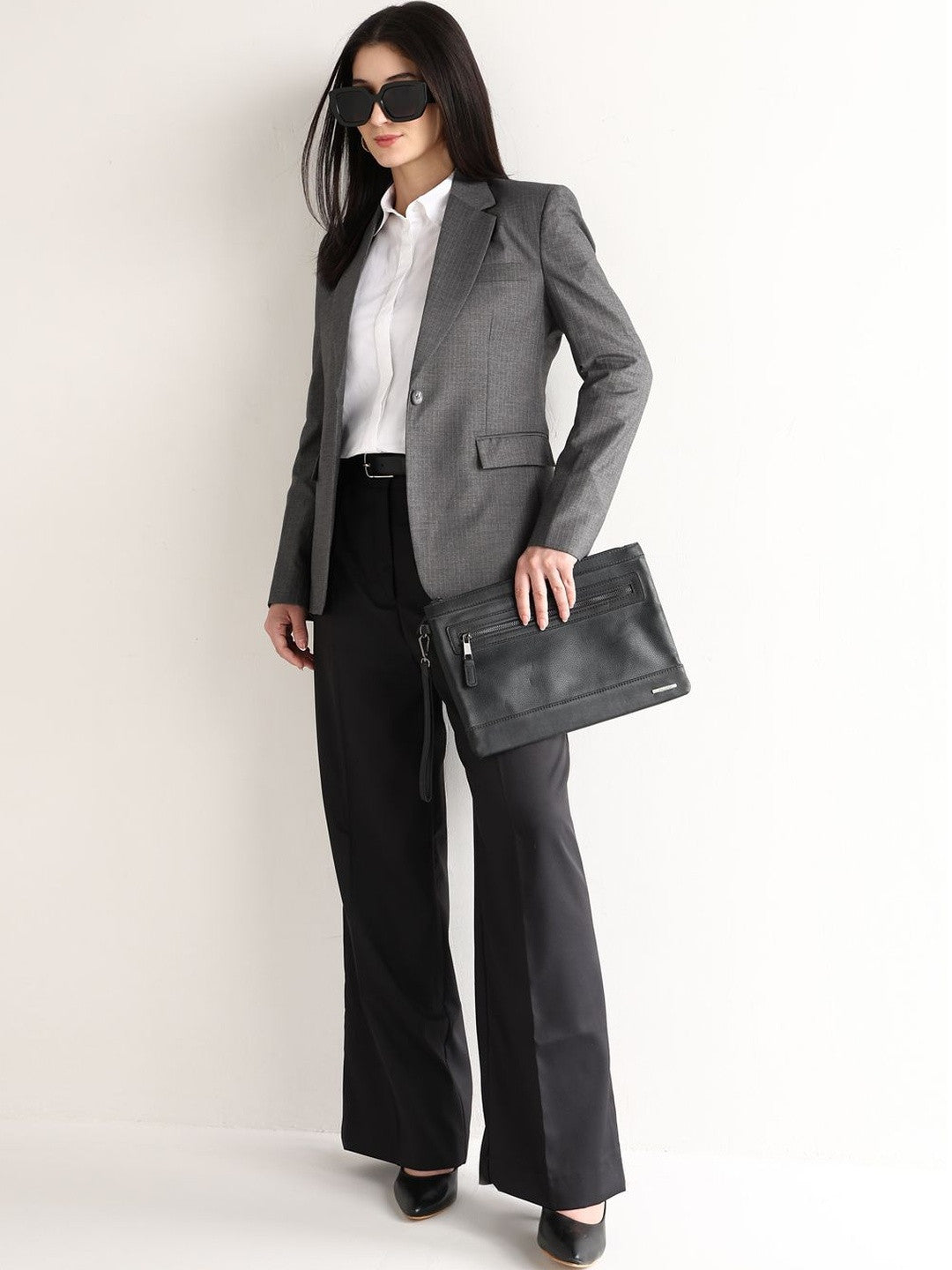 Hancock   Women   Melange Grey   Stripes   Polyviscose   Slim Fit   Formal   Blazer