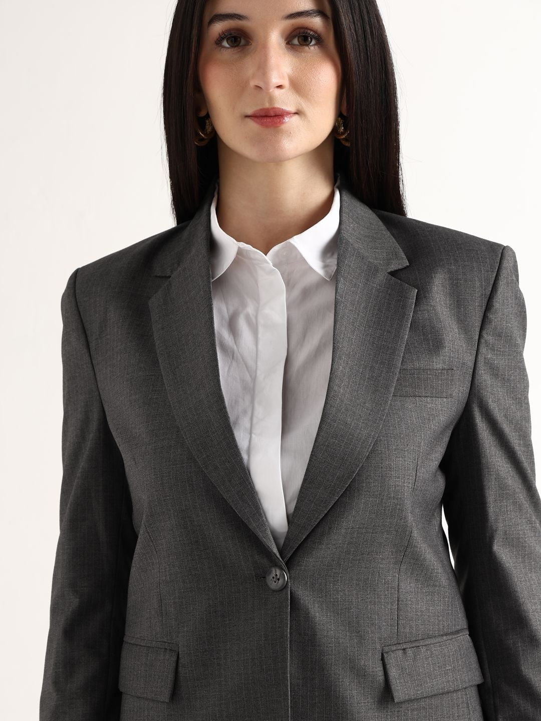 Hancock   Women   Melange Grey   Stripes   Polyviscose   Slim Fit   Formal   Blazer