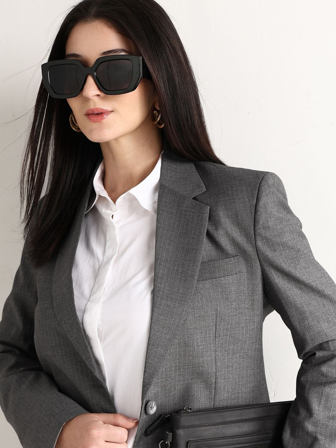 Hancock   Women   Melange Grey   Stripes   Polyviscose   Slim Fit   Formal   Blazer