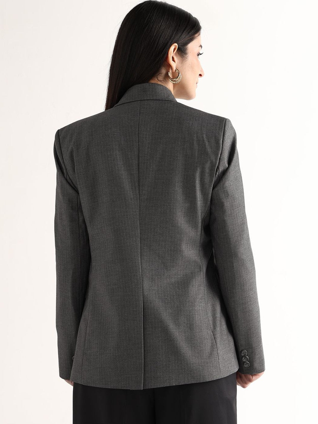 Hancock   Women   Melange Grey   Stripes   Polyviscose   Slim Fit   Formal   Blazer