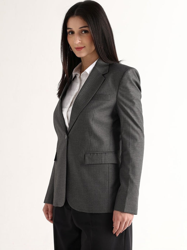 Hancock   Women   Melange Grey   Stripes   Polyviscose   Slim Fit   Formal   Blazer