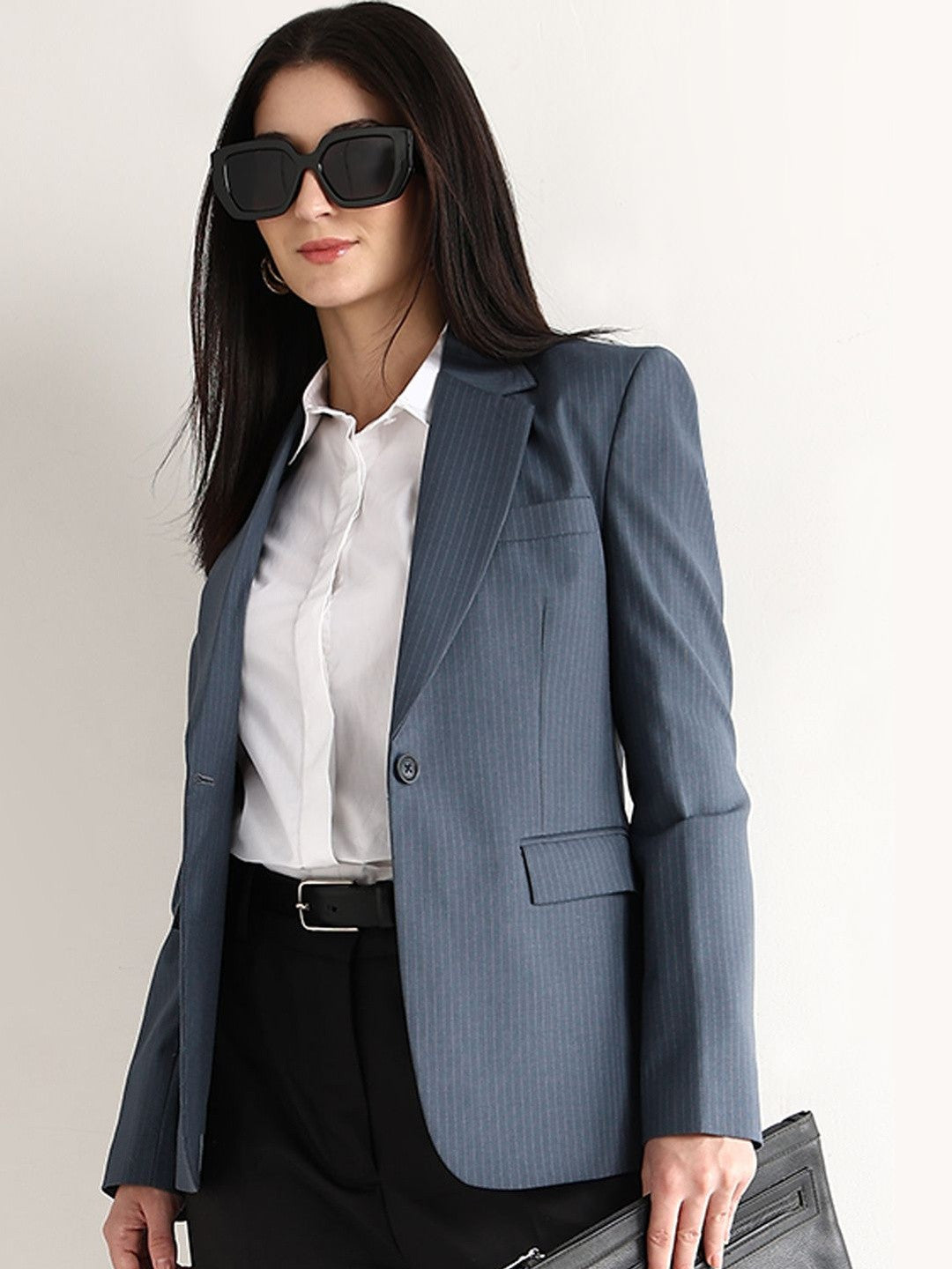 Hancock   Women   Prussion Blue   Stripes   Polyviscose   Slim Fit   Formal   Blazer