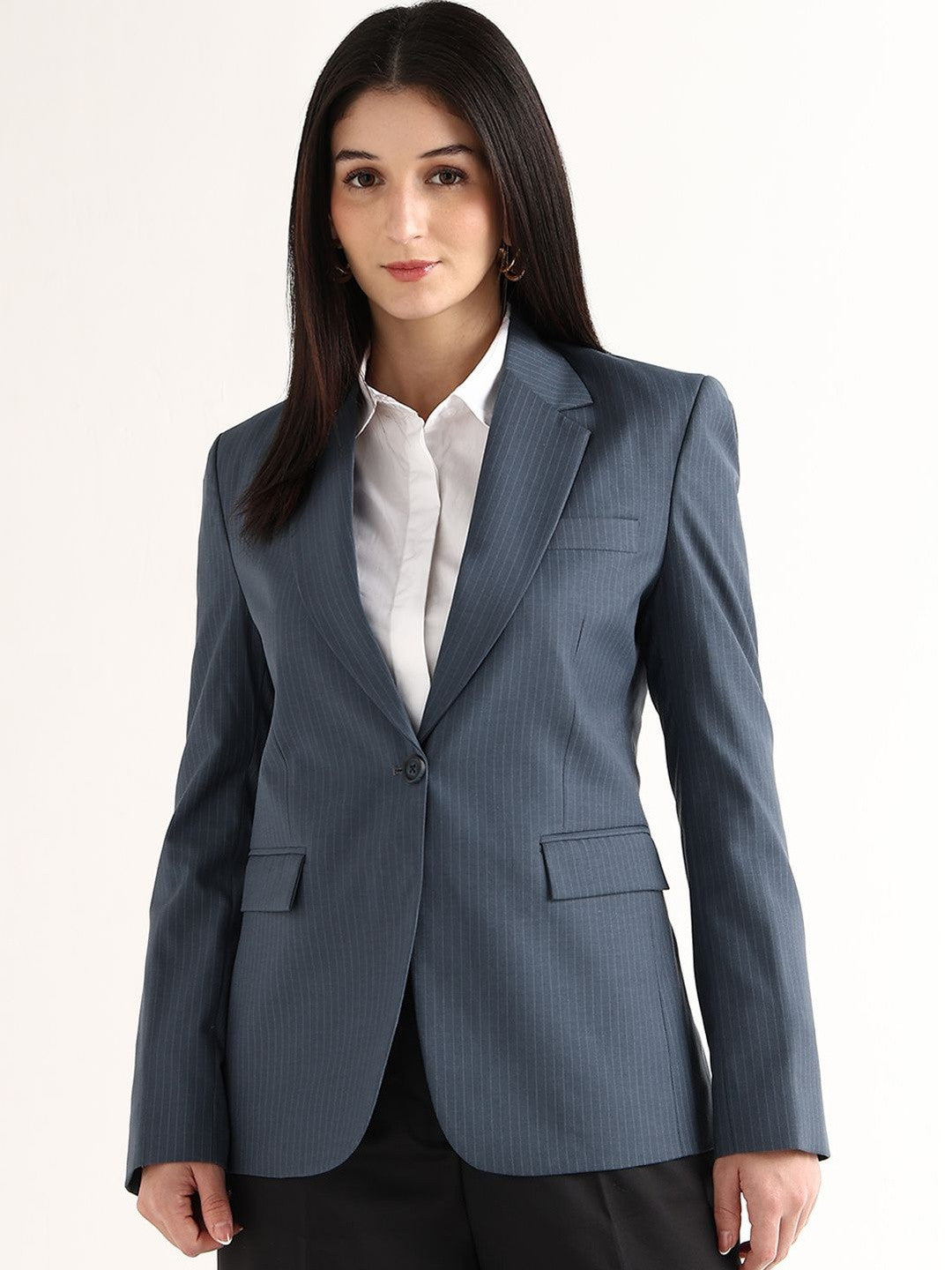 Hancock   Women   Prussion Blue   Stripes   Polyviscose   Slim Fit   Formal   Blazer