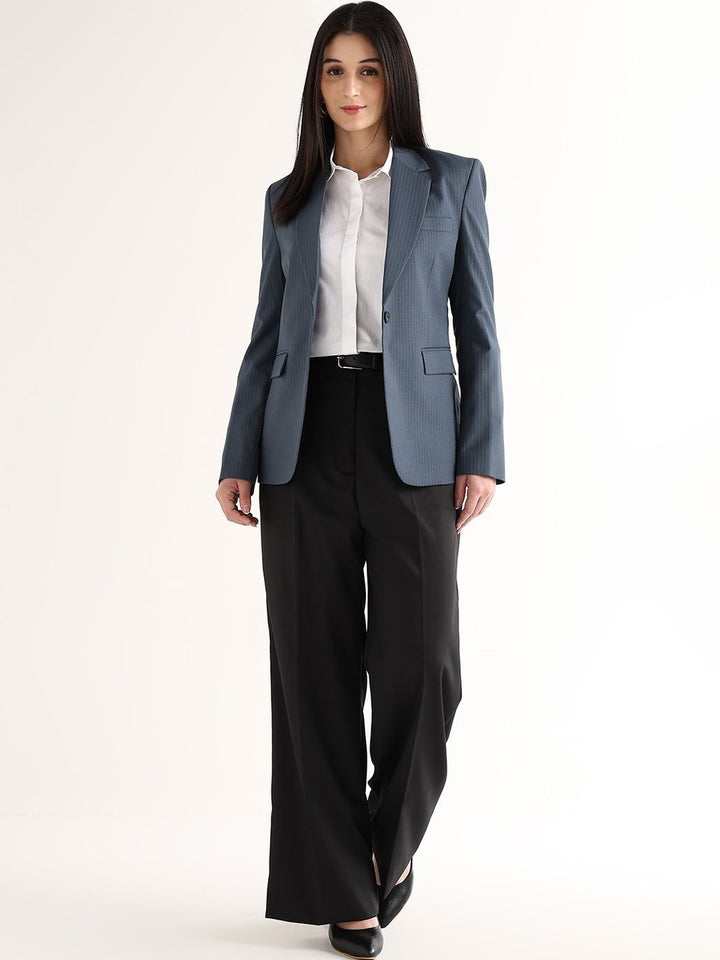 Hancock   Women   Prussion Blue   Stripes   Polyviscose   Slim Fit   Formal   Blazer