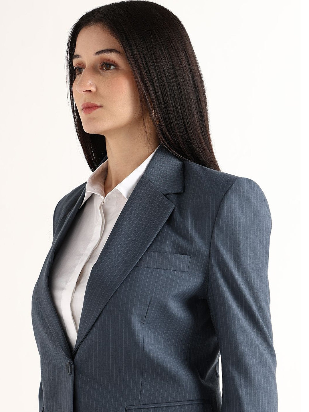 Hancock   Women   Prussion Blue   Stripes   Polyviscose   Slim Fit   Formal   Blazer