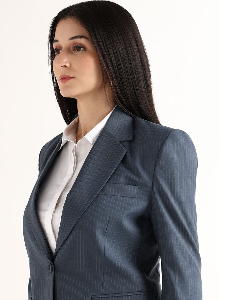 Hancock   Women   Prussion Blue   Stripes   Polyviscose   Slim Fit   Formal   Blazer