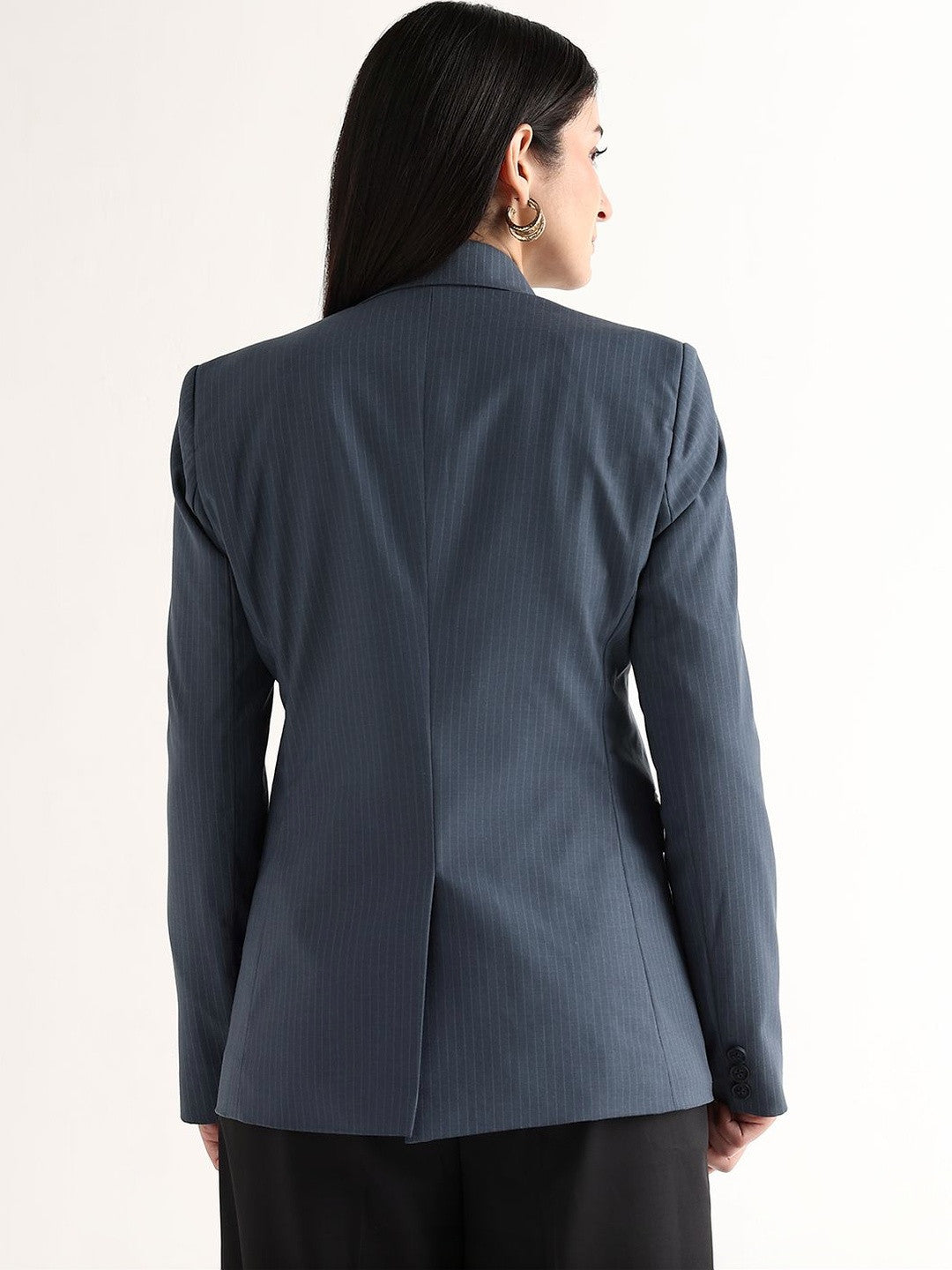 Hancock   Women   Prussion Blue   Stripes   Polyviscose   Slim Fit   Formal   Blazer