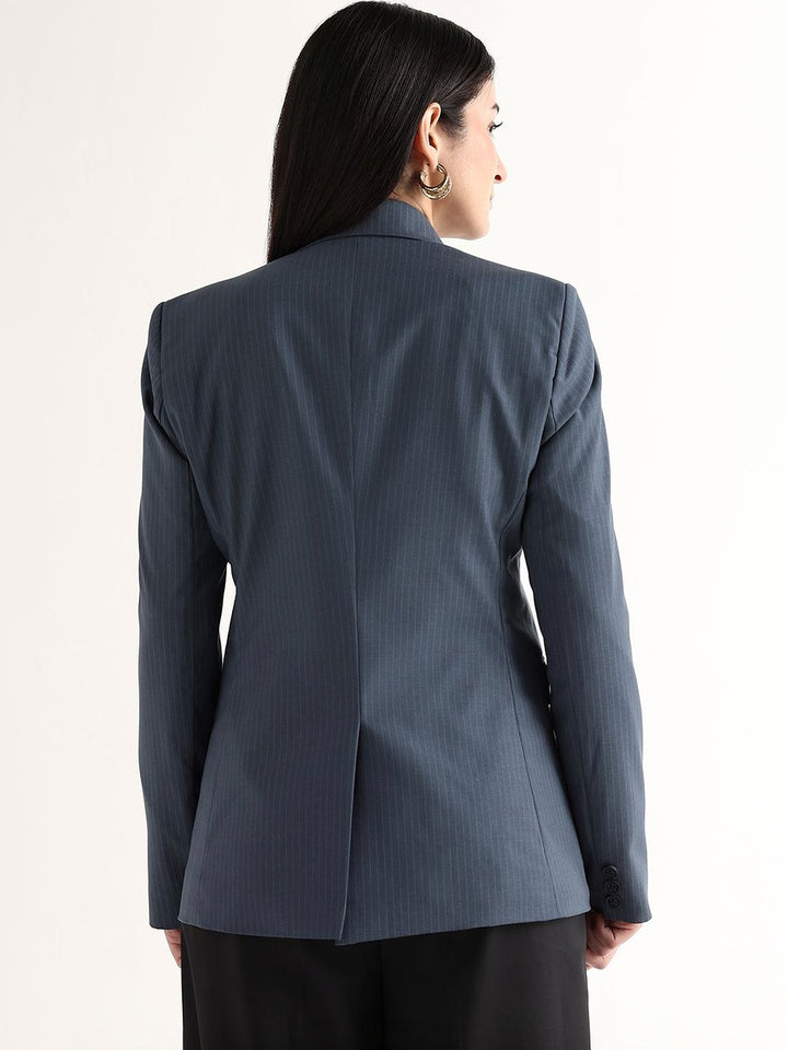 Hancock   Women   Prussion Blue   Stripes   Polyviscose   Slim Fit   Formal   Blazer
