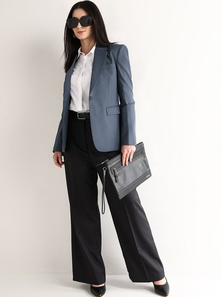 Hancock   Women   Prussion Blue   Stripes   Polyviscose   Slim Fit   Formal   Blazer