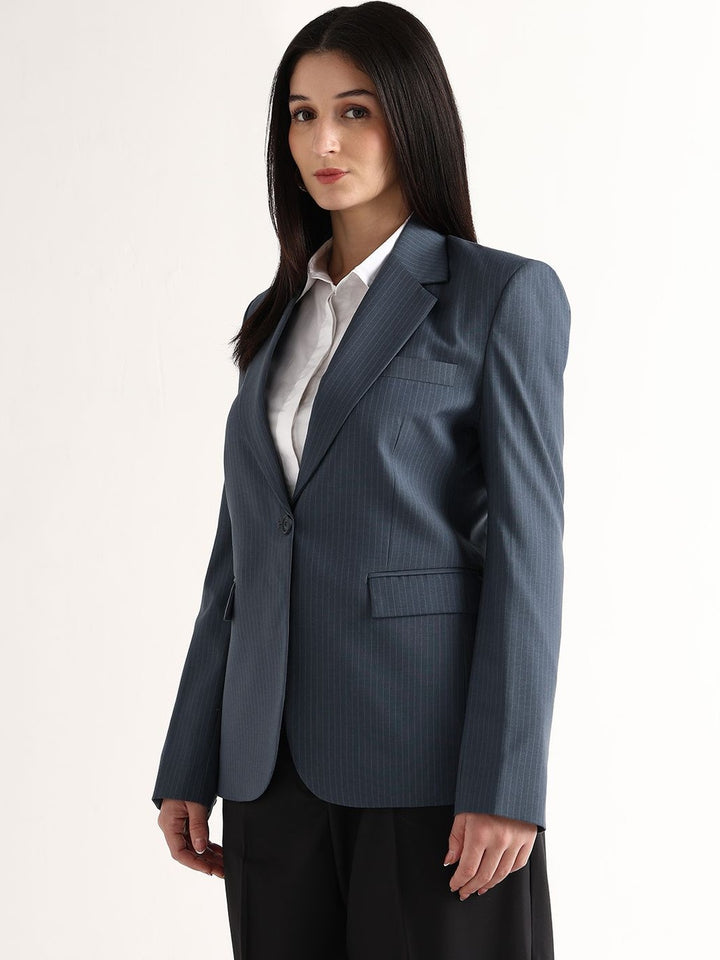Hancock   Women   Prussion Blue   Stripes   Polyviscose   Slim Fit   Formal   Blazer