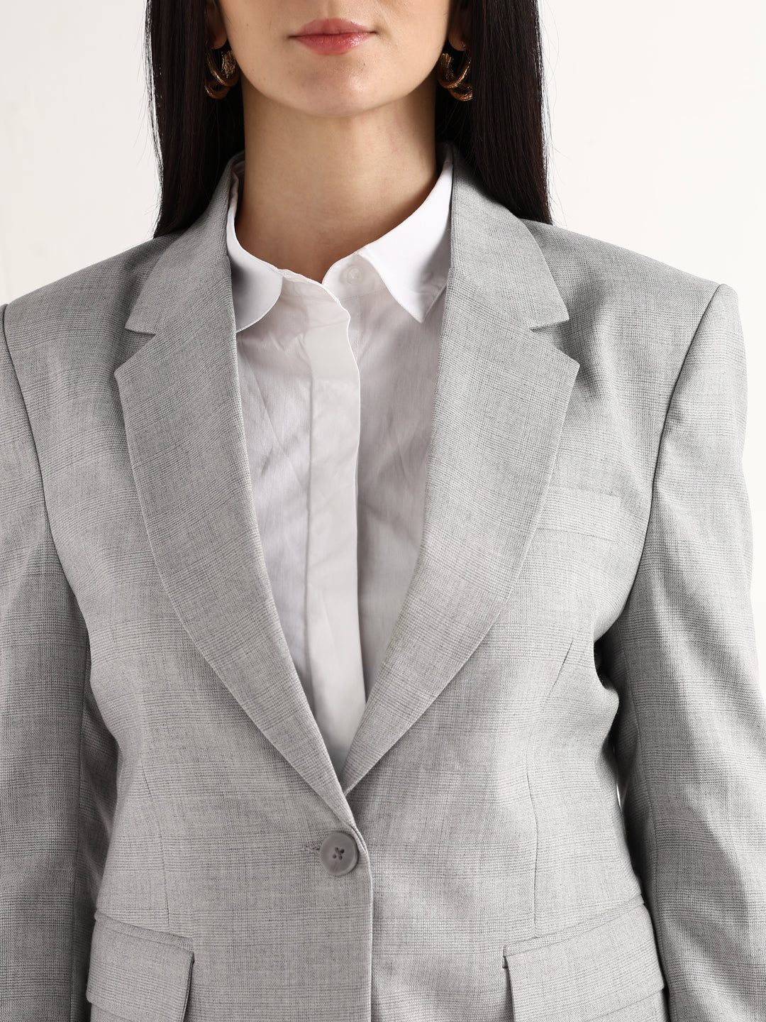 Hancock   Women   Grey   Checks   Polyviscose   Slim Fit   Formal   Blazer