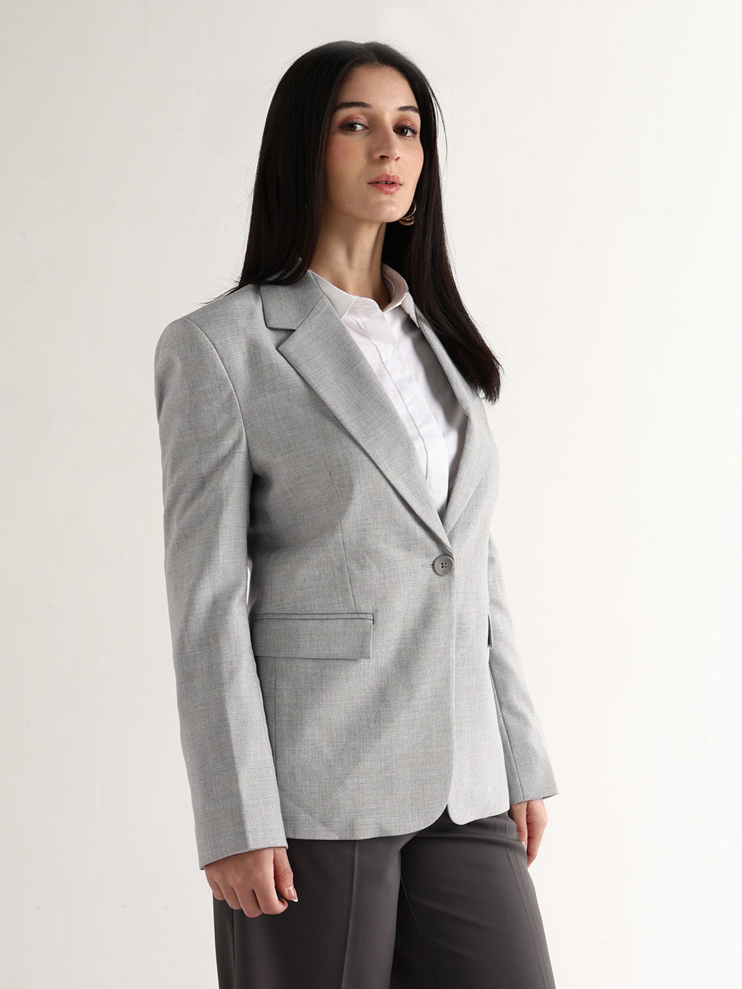 Hancock   Women   Grey   Checks   Polyviscose   Slim Fit   Formal   Blazer