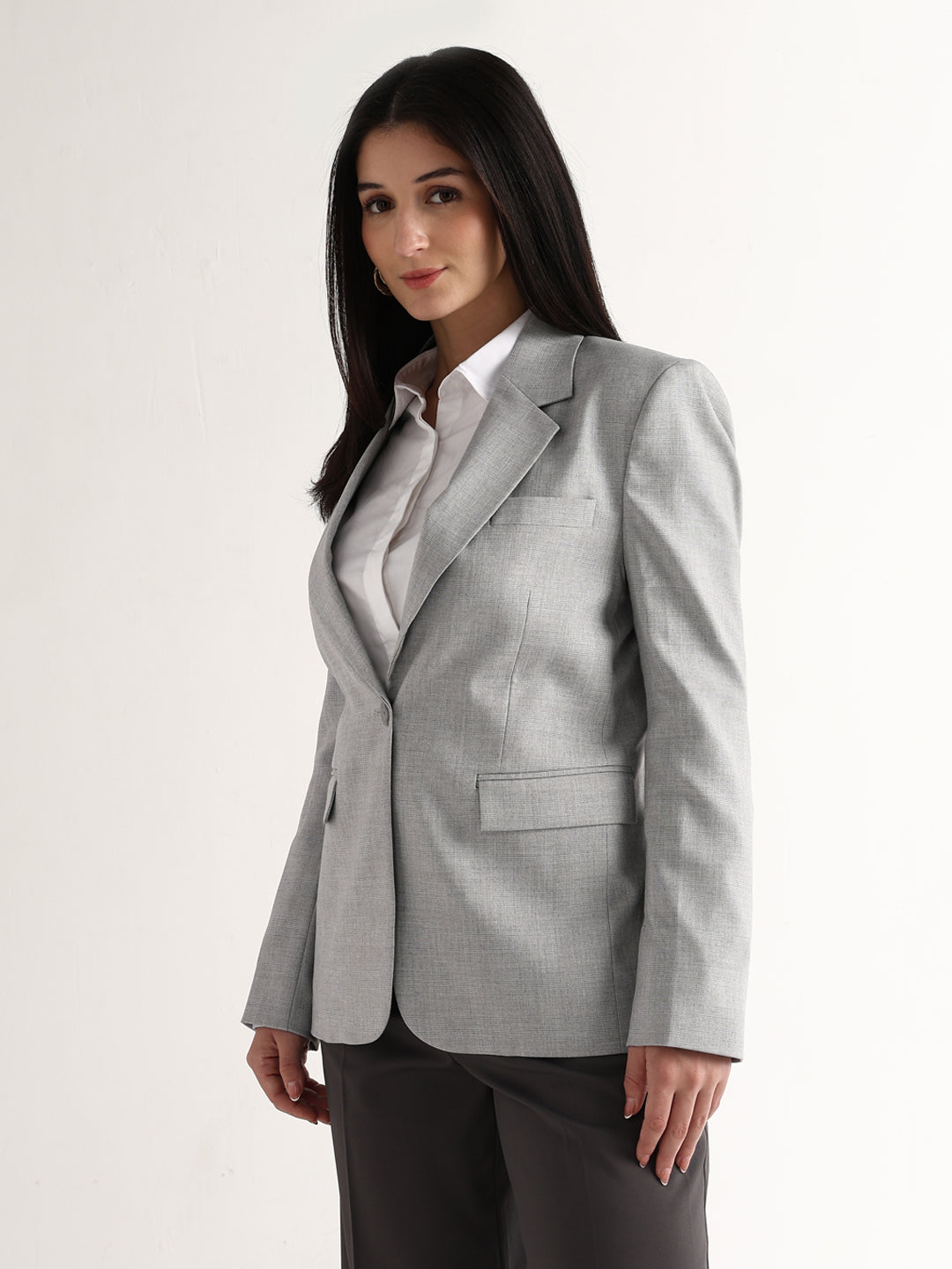 Hancock   Women   Grey   Checks   Polyviscose   Slim Fit   Formal   Blazer