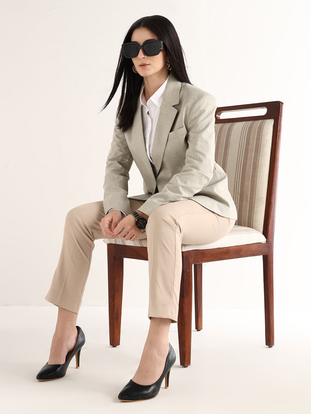Hancock   Women   Beige   Solids   Polyviscose   Slim Fit   Formal   Blazer