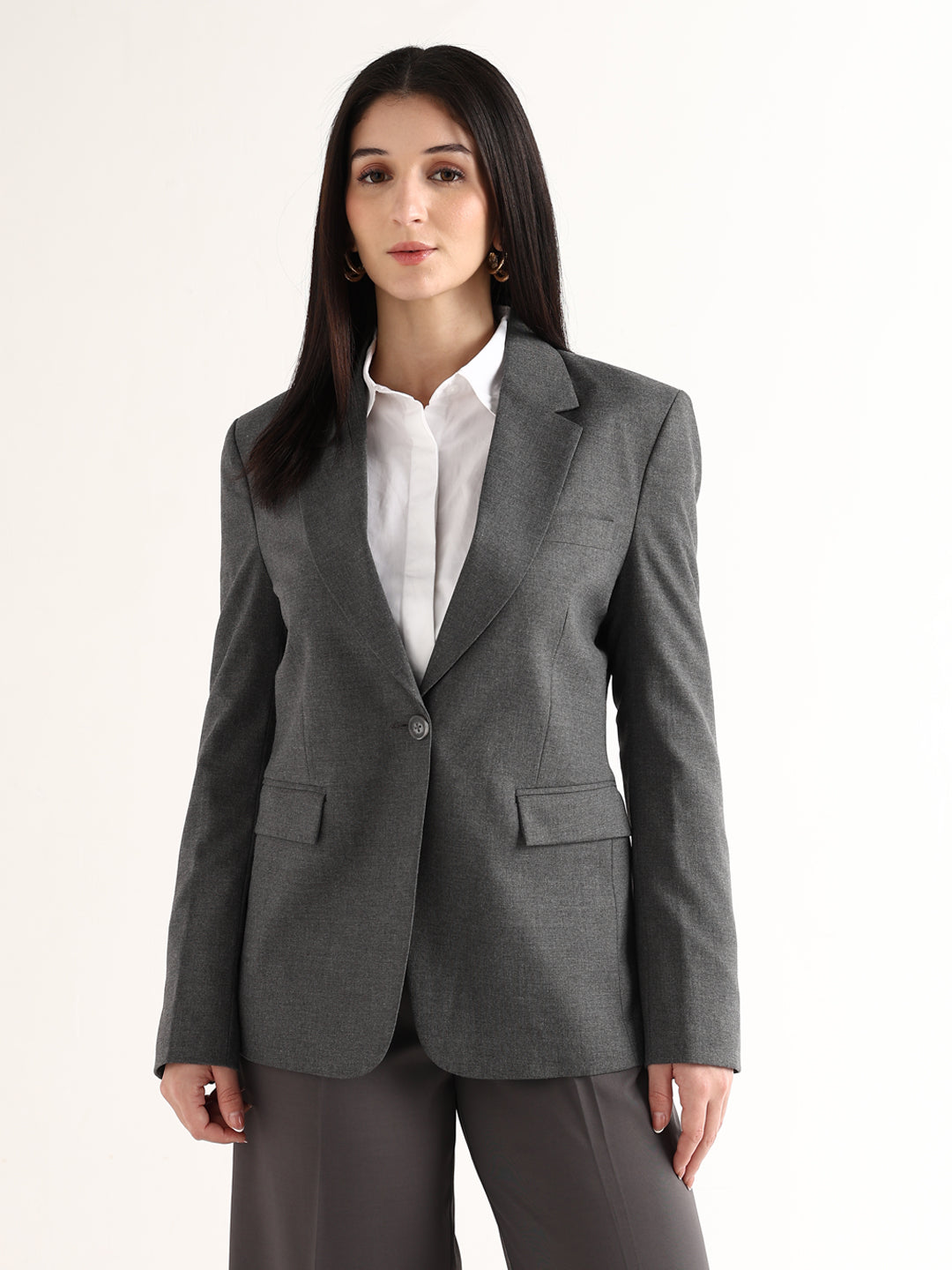 Hancock   Women   Dark Grey   Solids   Polyviscose   Slim Fit   Formal   Blazer