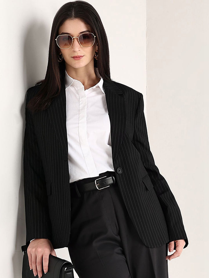 Hancock   Women   Black   Stripes   Polyviscose   Slim Fit   Formal   Blazer