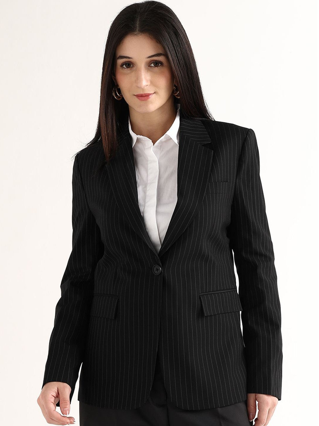 Hancock   Women   Black   Stripes   Polyviscose   Slim Fit   Formal   Blazer