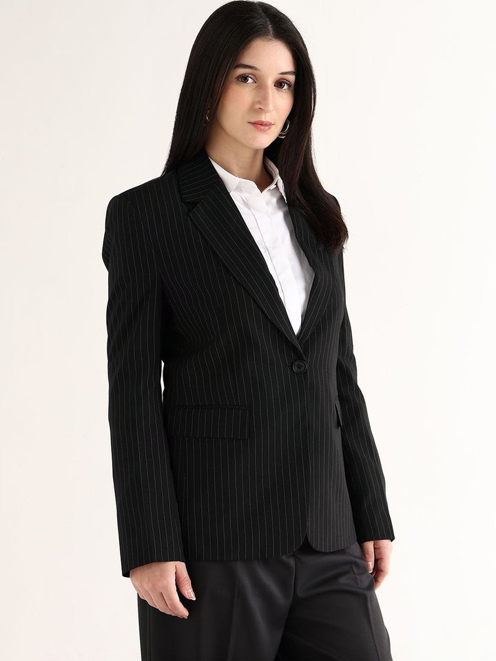 Hancock   Women   Black   Stripes   Polyviscose   Slim Fit   Formal   Blazer