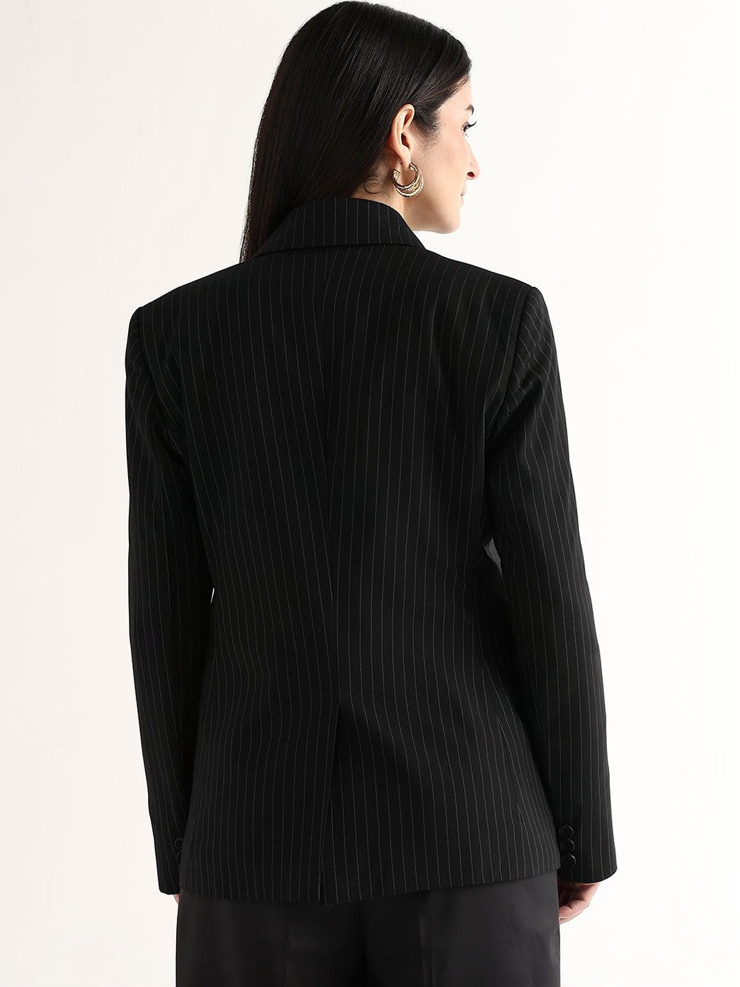 Hancock   Women   Black   Stripes   Polyviscose   Slim Fit   Formal   Blazer