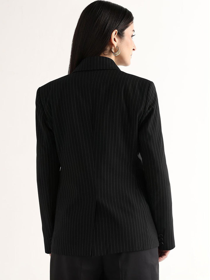 Hancock   Women   Black   Stripes   Polyviscose   Slim Fit   Formal   Blazer