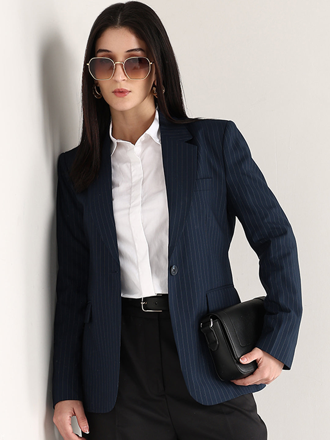 Hancock   Women   Navy Blue   Stripes   Polyviscose   Slim Fit   Formal   Blazer