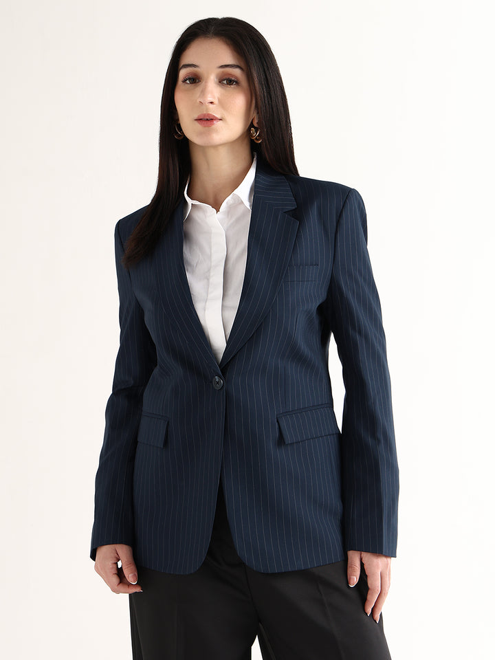 Hancock   Women   Navy Blue   Stripes   Polyviscose   Slim Fit   Formal   Blazer