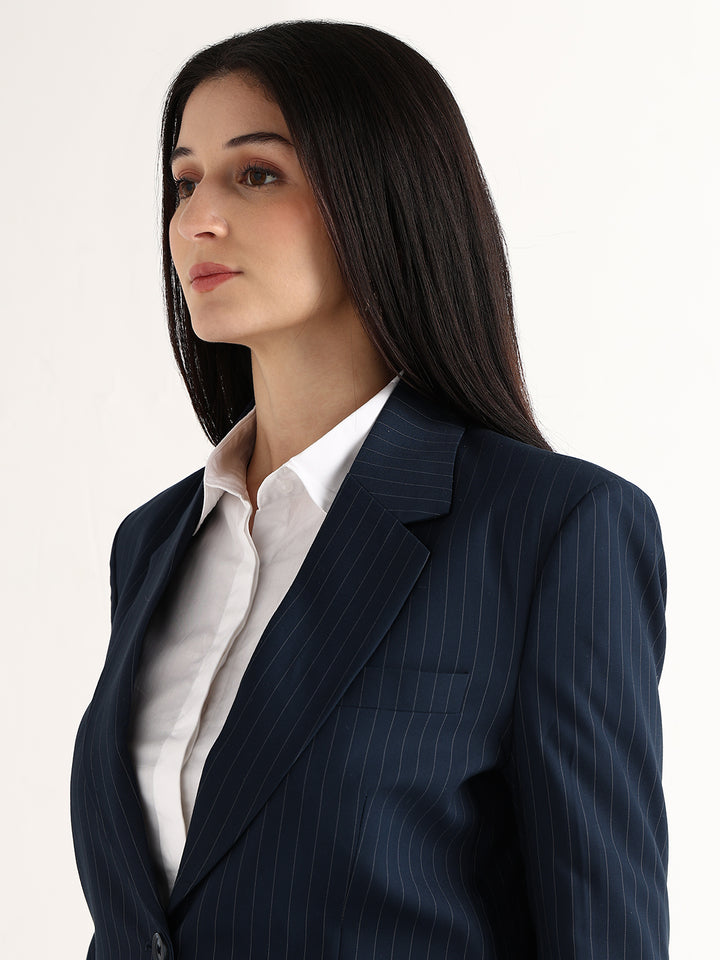 Hancock   Women   Navy Blue   Stripes   Polyviscose   Slim Fit   Formal   Blazer