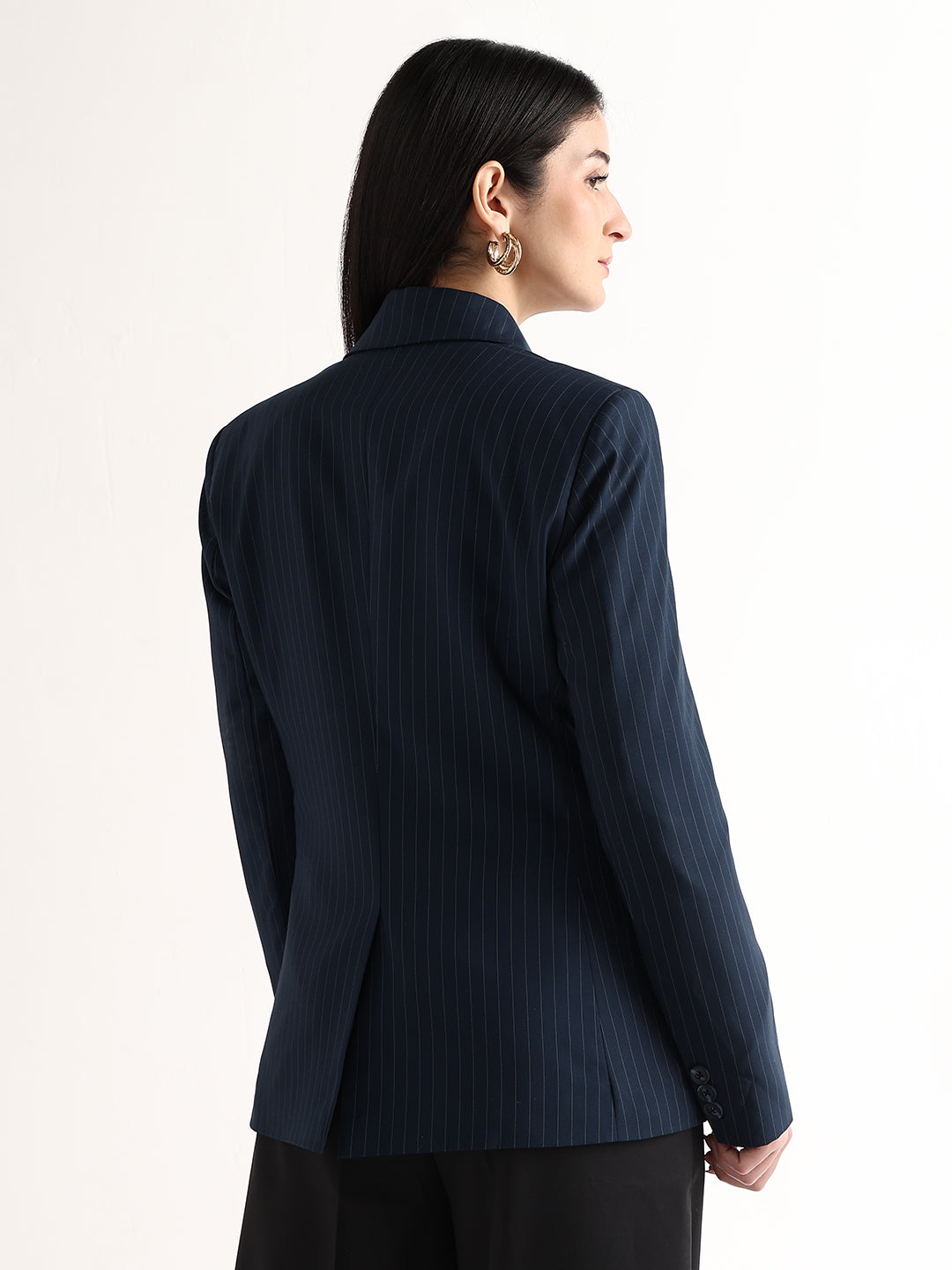 Hancock   Women   Navy Blue   Stripes   Polyviscose   Slim Fit   Formal   Blazer