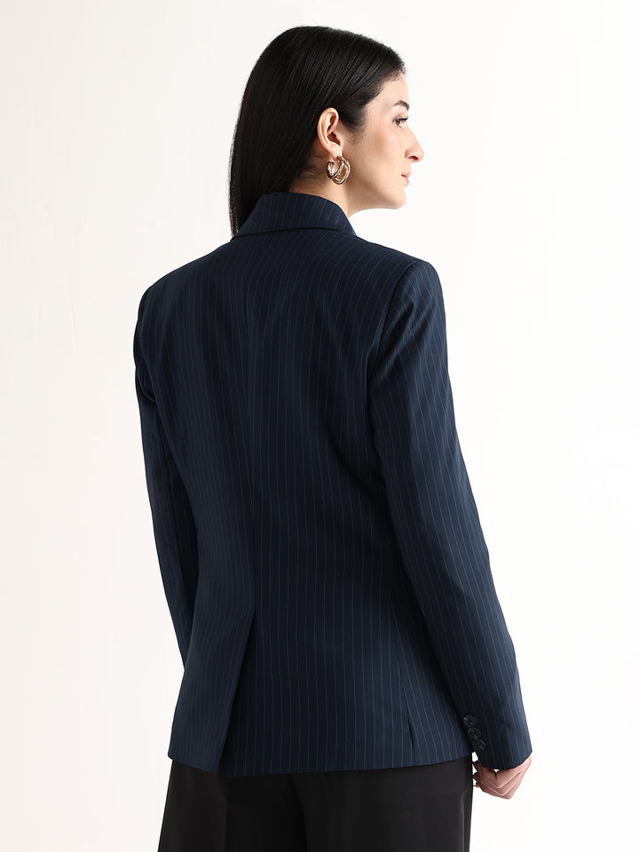 Hancock   Women   Navy Blue   Stripes   Polyviscose   Slim Fit   Formal   Blazer