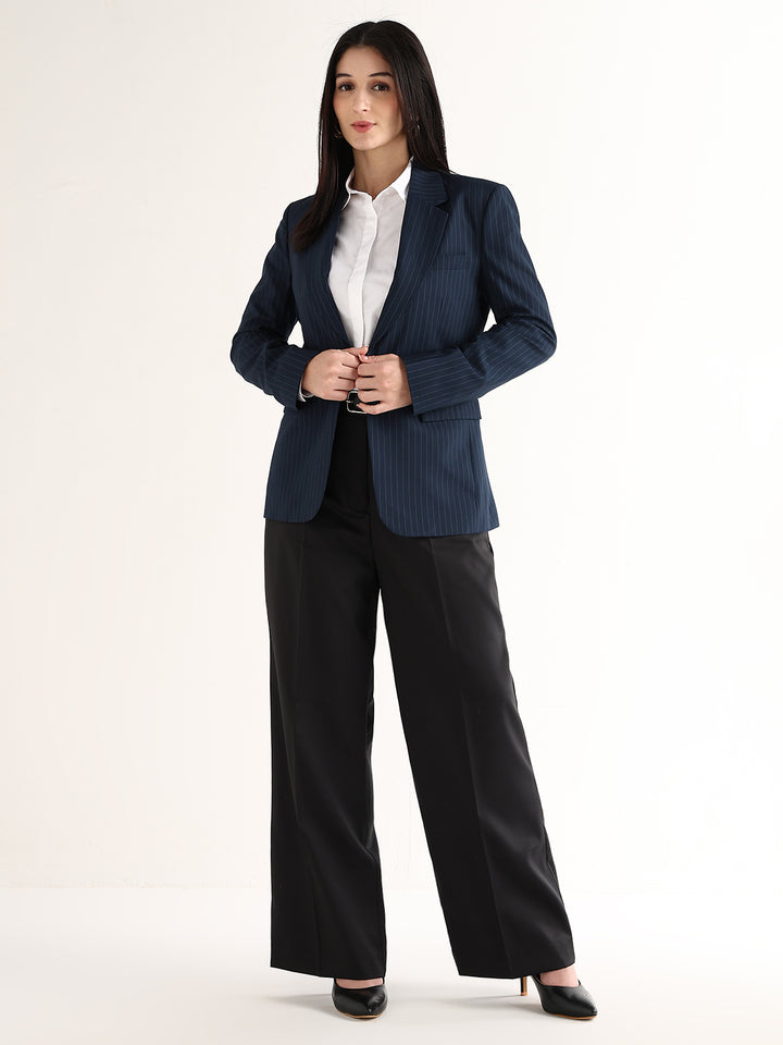Hancock   Women   Navy Blue   Stripes   Polyviscose   Slim Fit   Formal   Blazer